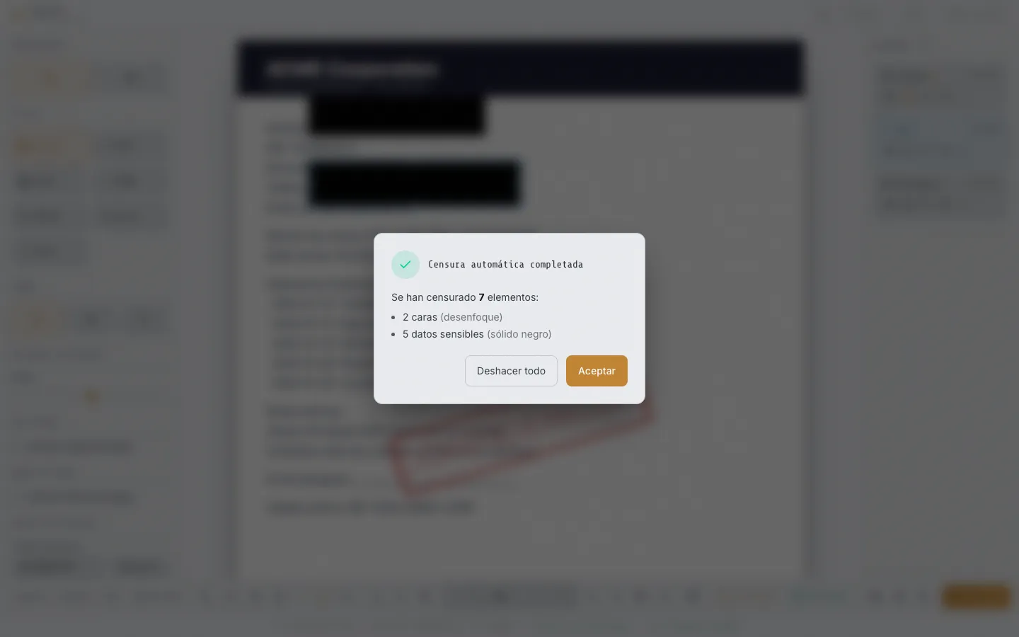 Diálogo de censura automática completada mostrando el resumen de caras y datos sensibles detectados