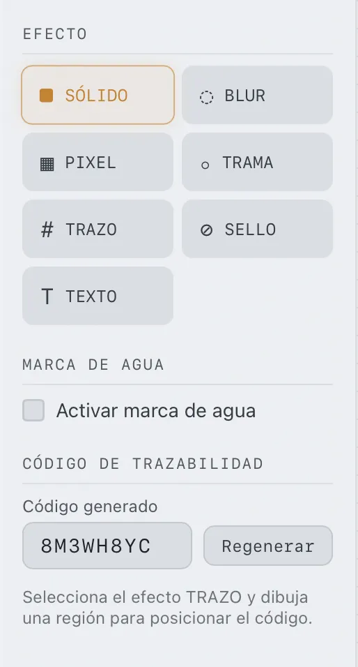 Panel de efectos de Ofusca mostrando los siete tipos de censura: sólido, blur, píxel, trama, trazo, sello y texto