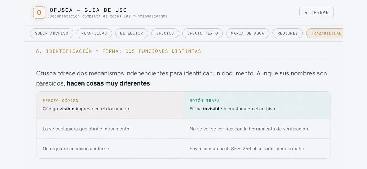 Página de Ayuda de Ofusca mostrando la guía de uso con navegación por categorías y capturas de pantalla integradas