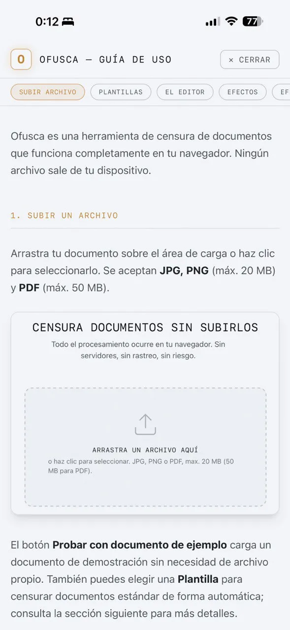 Versión móvil de la página de Ayuda de Ofusca con navegación adaptada a pantalla táctil