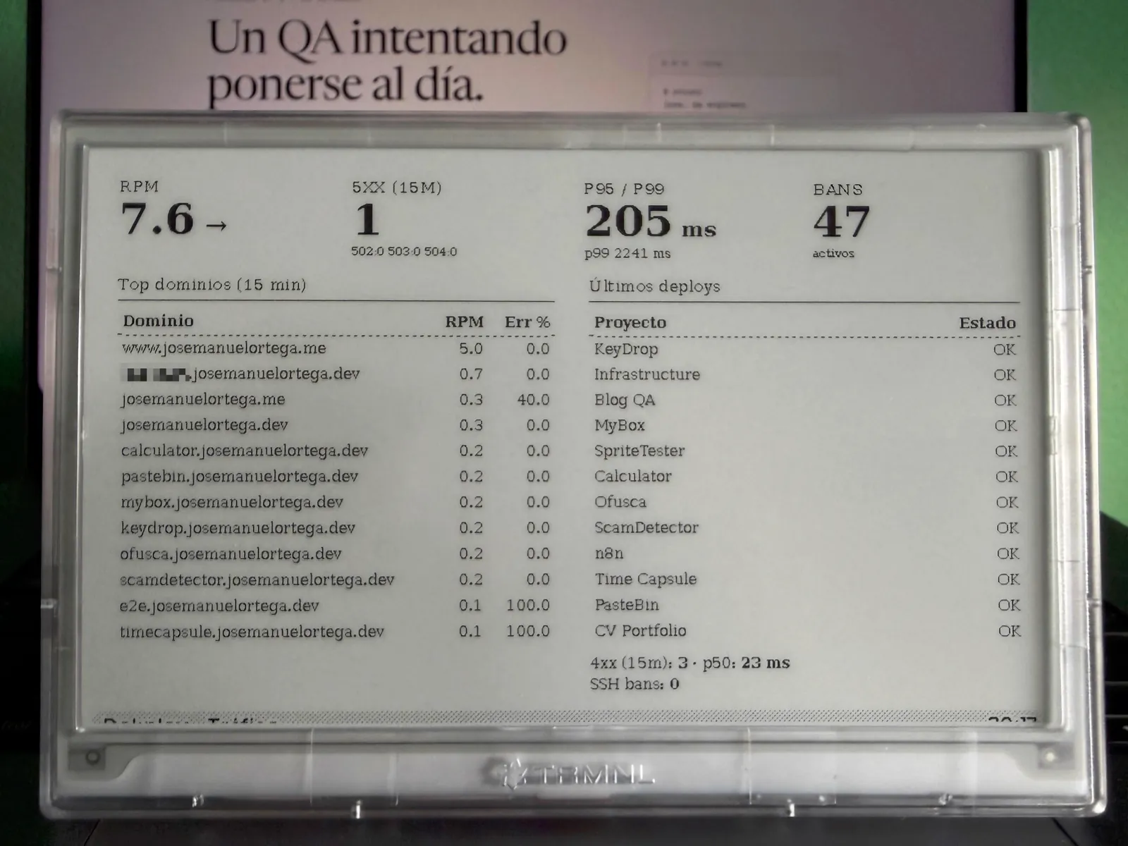 TRMNL e-ink screen showing the Traffic panel with 7.6 rpm, 1 5xx error in fifteen minutes, p95 of 205 ms and p99 of 2241 ms, 47 active bans, plus the 4xx count, p50, and SSH bans, above one table with domains and another with the status of the latest deploys